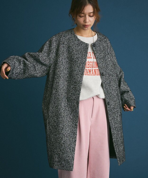 Green Parks ヘリンボーンノーカラーコート Herringbone