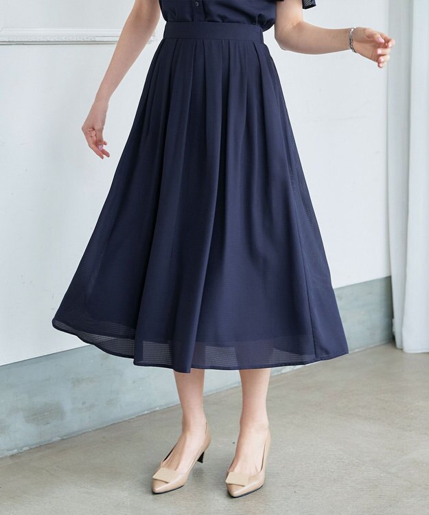 Tiaclasse L 【セットアップ対応・洗える】シアーチェックフレアスカート ネイビー