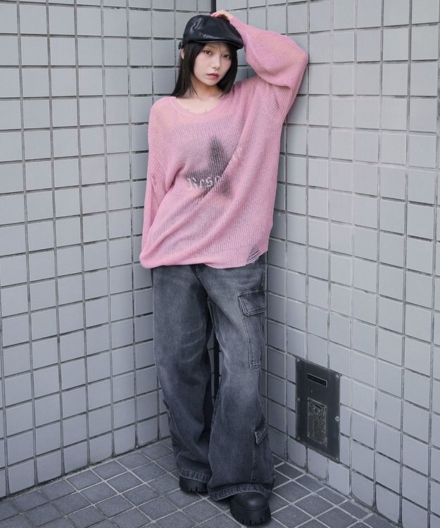 WEGO モヘアタッチスターBIGニット ピンク