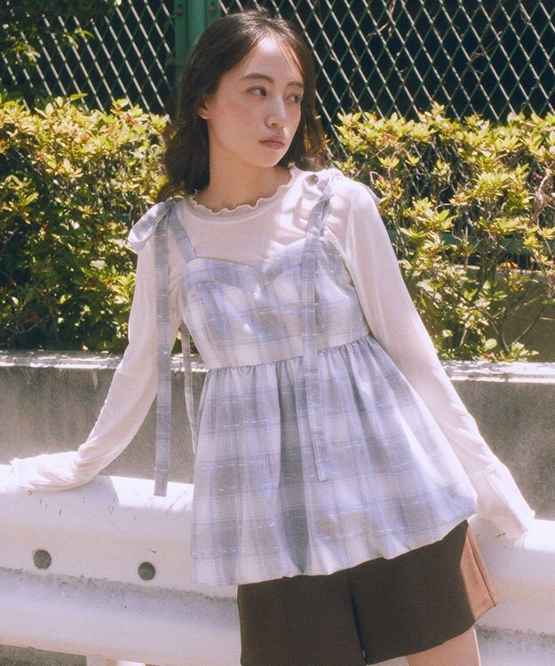 earth music&ecology チェックパターンバルーンキャミビスチェ Grayish Blue