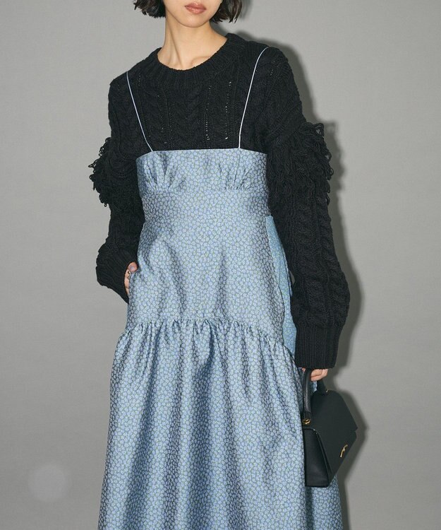 Green Parks フリンジスリーブショート丈ケーブルニット Black