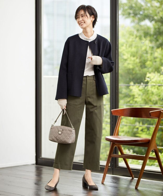 J.PRESS LADIES S 【リバーシブル】ウールナイロン リバーチェック ノーカラー ショートコート ネイビー系