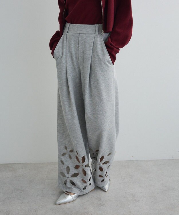 Green Parks フラワーくり抜き刺繍スウェットワイドパンツ Gray Mixture