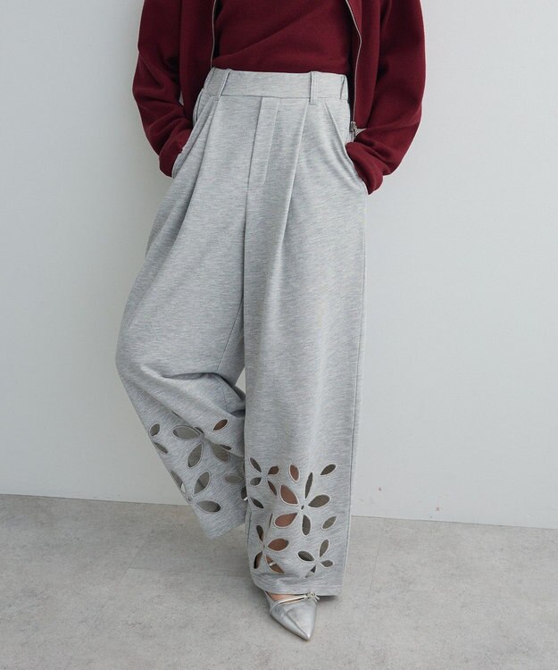Green Parks フラワーくり抜き刺繍スウェットワイドパンツ Gray Mixture