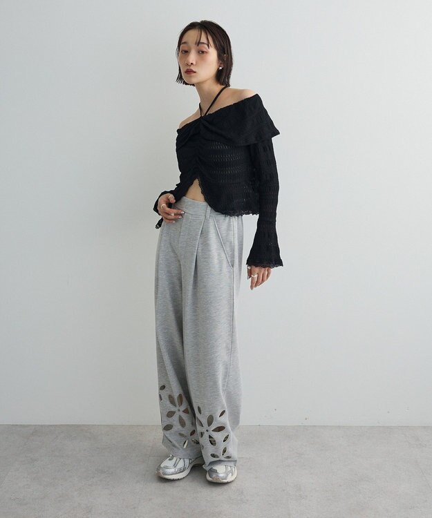 Green Parks フラワーくり抜き刺繍スウェットワイドパンツ Gray Mixture