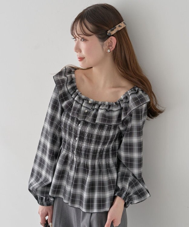 earth music&ecology 【予約】チェックシャーリングブラウス ブラック