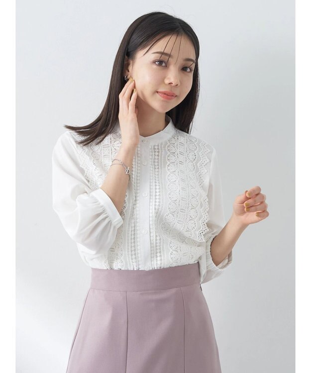 earth music&ecology フロントレースシフォンブラウス Off White