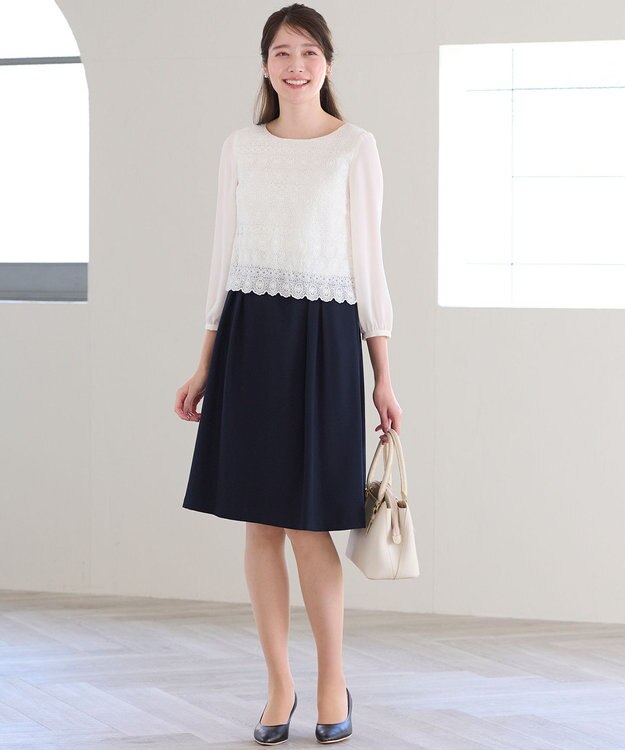 ANY SIS 【洗える】レースコンビバックサテン ワンピース ネイビー