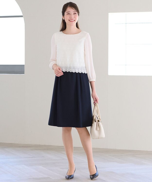 ANY SIS 【洗える】レースコンビバックサテン ワンピース ネイビー