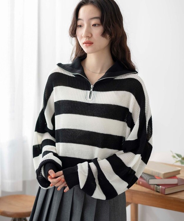 WEGO ボーダーハーフジップニットプルオーバー ブラックボーダー