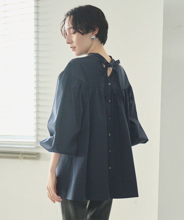 #Newans 【アイロンいらず】バストカットギャザーブラウス ネイビー