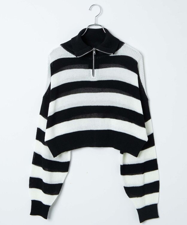 WEGO ボーダーハーフジップニットプルオーバー ブラックボーダー