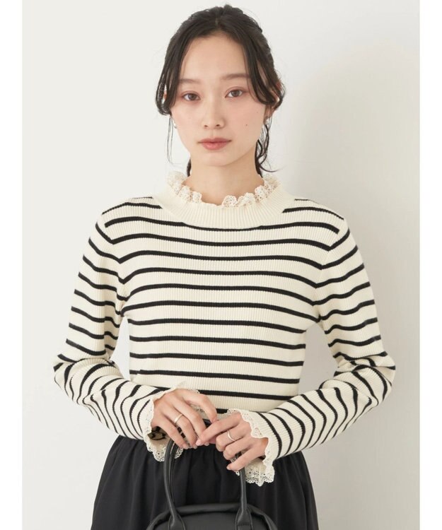 earth music&ecology レースドッキングリブニット Border Ivory