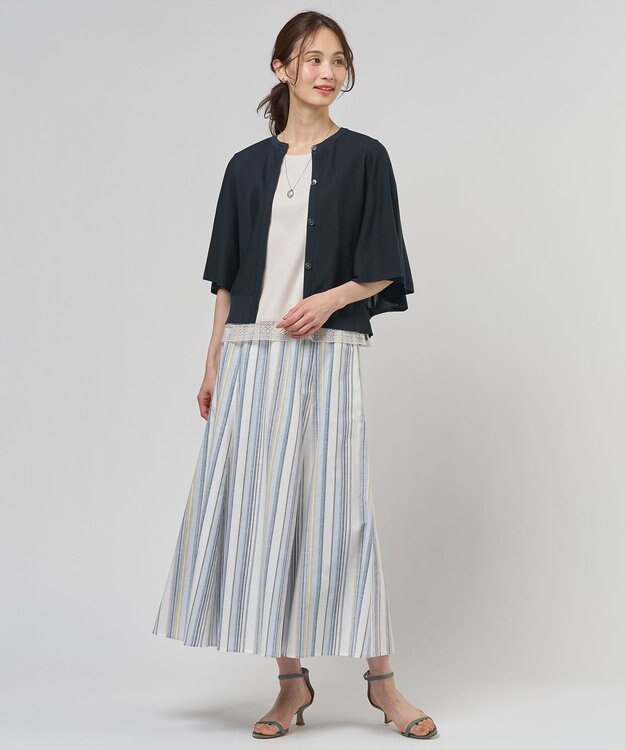 J.PRESS LADIES 【セット着用可】リネンMIX ストライプ フレア スカート ブルーマルチ系
