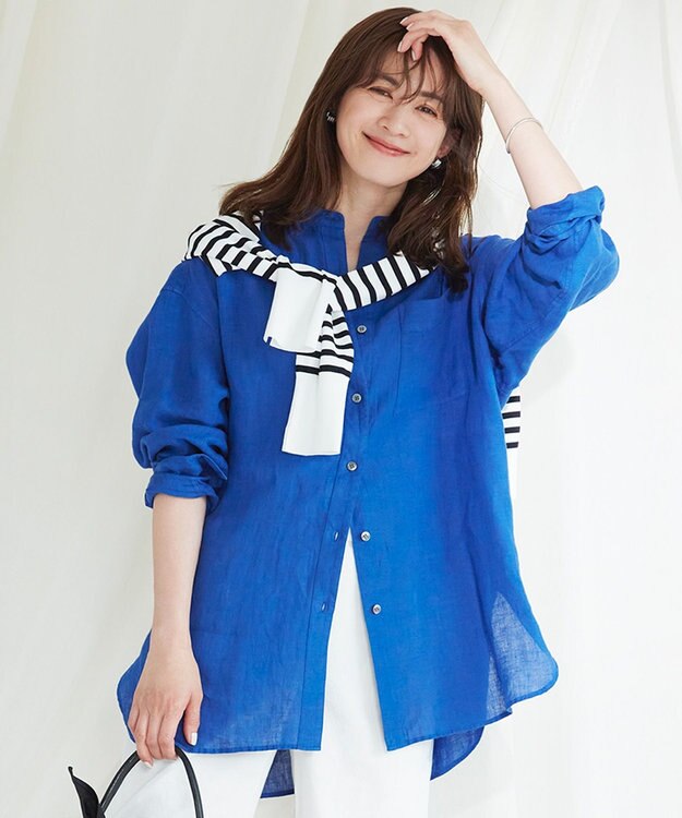 23区 L 【WEB限定カラーあり/洗える】LIBECO バンドカラー ビッグシルエット シャツ ブルー系