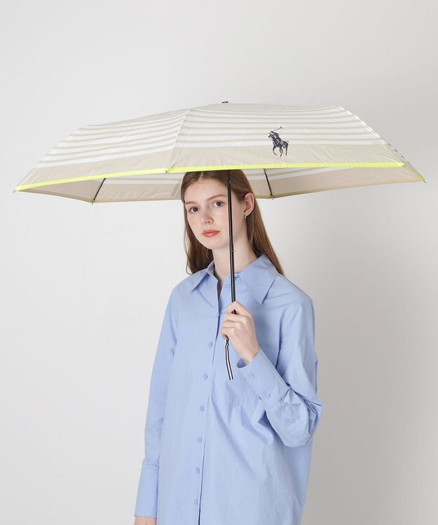 MOONBAT POLO RALPH LAUREN(ポロ ラルフローレン)ポロポニー ボーダー 折りたたみ傘 簡単開閉 ベージュ