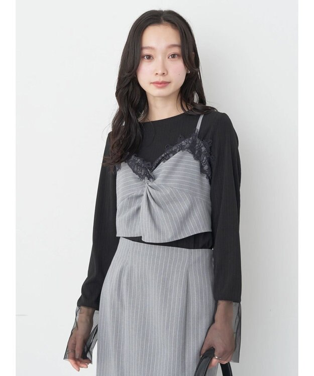 earth music&ecology ピンストライプ胸元レースビスチェ Stripe Light Gray