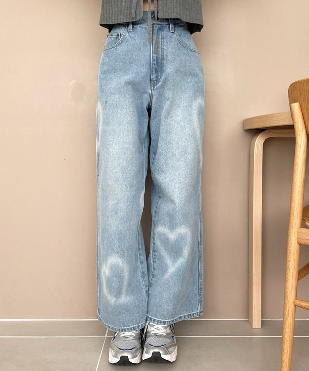 WEGO スプレーペイントストレートデニムパンツ デニム淡色