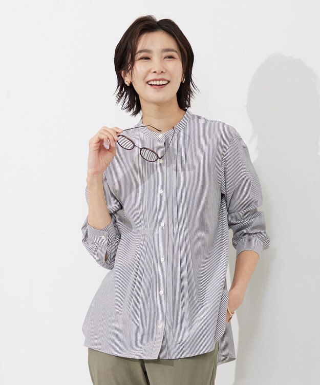 J.PRESS LADIES 【洗える】 コットンアセVis ストライプ バンドカラー ブラウス ネイビー系1