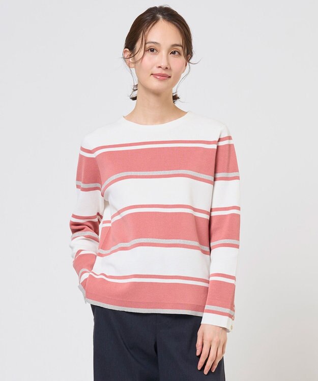 J.PRESS LADIES Cotton Acetate ブロッキング ボーダー ニット ローズピンク×グレー系