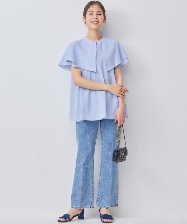 組曲 L サッカーストレッチ 襟付きブラウス サックスブルー系