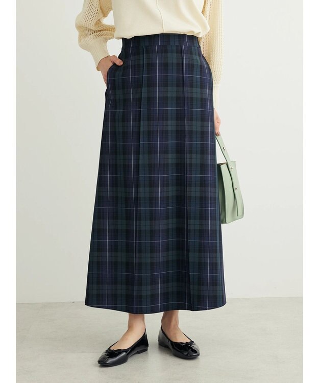 Green Parks きれいシルエットチェック裾フレアスカート Check Navy