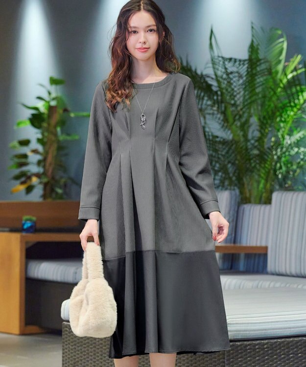 Tiaclasse L 【洗える】リップルコンビワンピース チャコールグレー