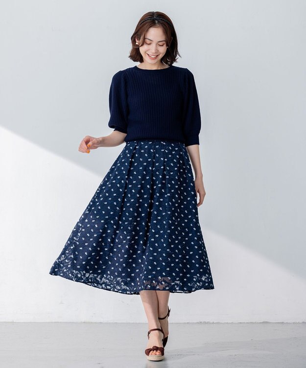 組曲 L 【洗える】CHAIギャザースリーブ ニット ネイビー系