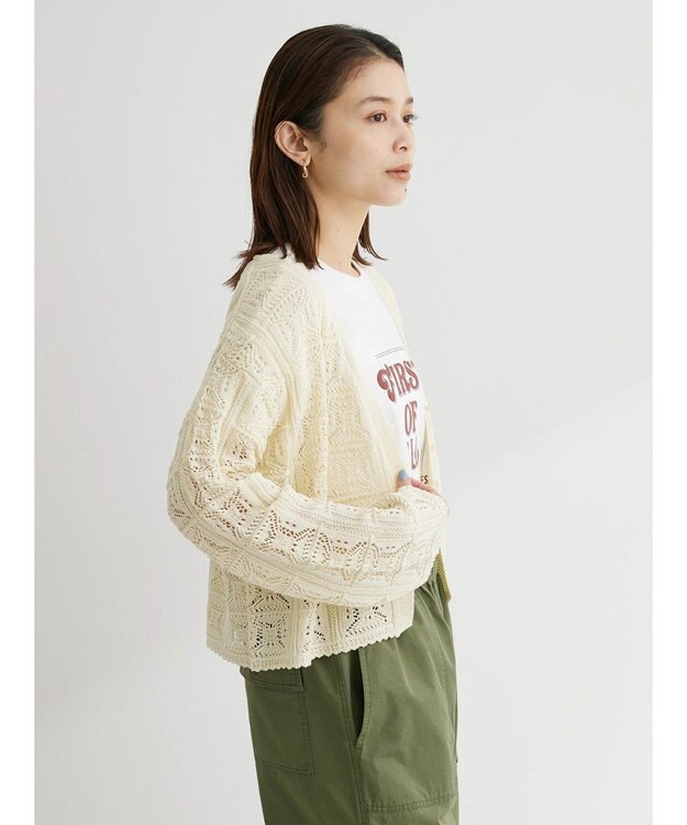 Green Parks 格子柄編みニットカーディガン Ivory