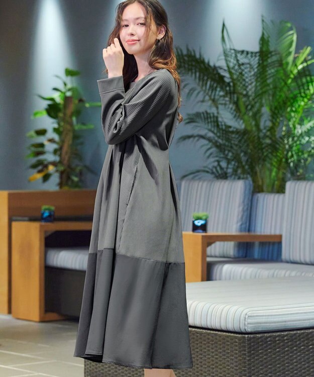 Tiaclasse L 【洗える】リップルコンビワンピース チャコールグレー