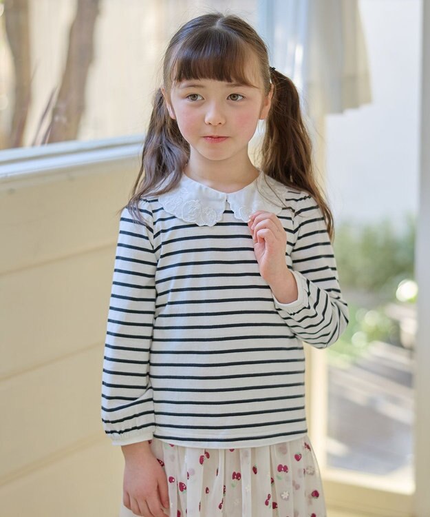 ANY KIDS 【チェリーベリーシリーズ】刺繍 ブラウス ホワイト×ブラックボーダー