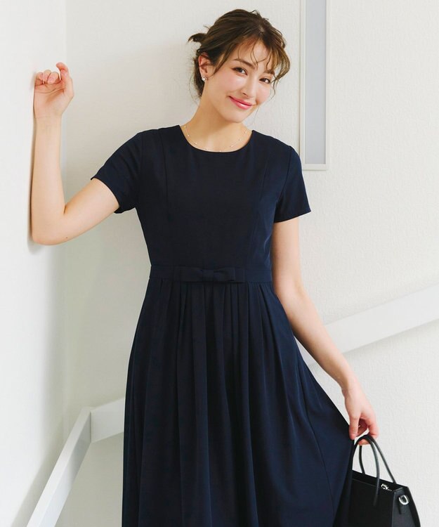 Tiaclasse 【洗える】半袖リボンギャザーフレアワンピース ネイビー