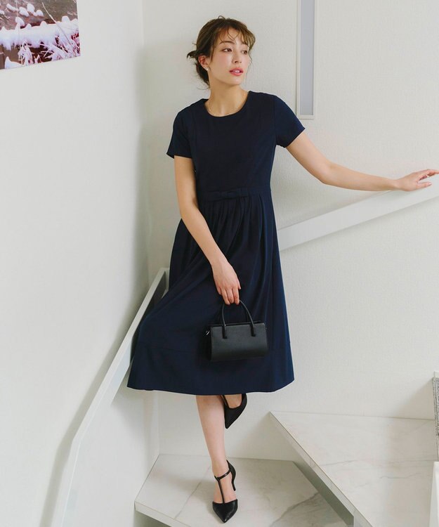 Tiaclasse 【洗える】半袖リボンギャザーフレアワンピース ネイビー