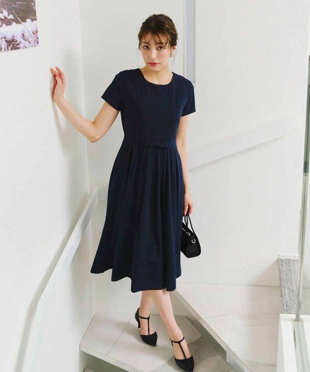 Tiaclasse 【洗える】半袖リボンギャザーフレアワンピース ネイビー