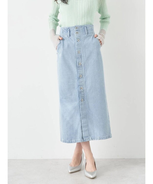 earth music&ecology ボタンナローデニムスカート Light Indigo