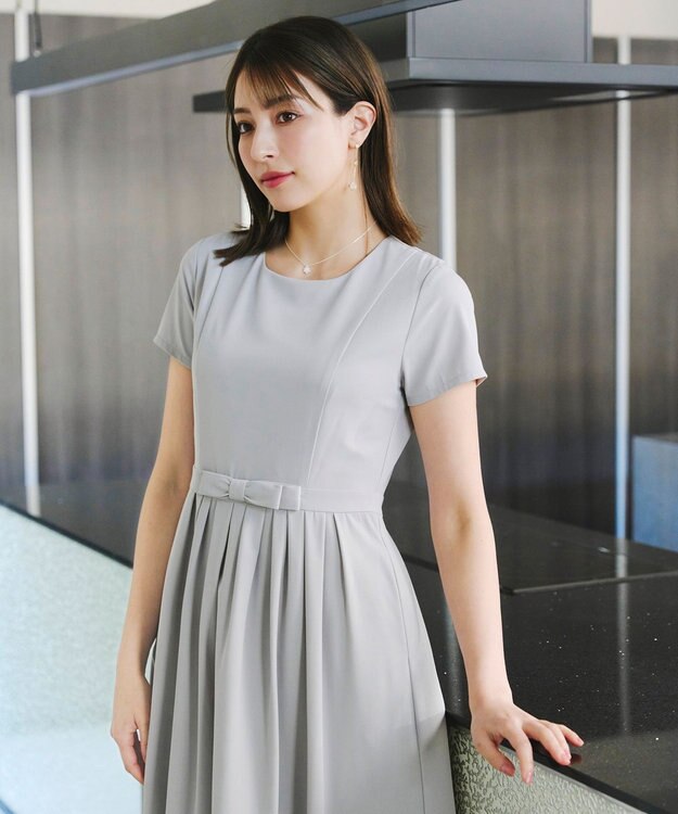 Tiaclasse 【洗える】半袖リボンギャザーフレアワンピース サックスグレー