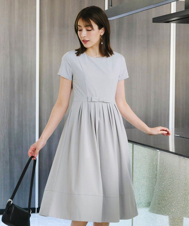 Tiaclasse 【洗える】半袖リボンギャザーフレアワンピース サックスグレー