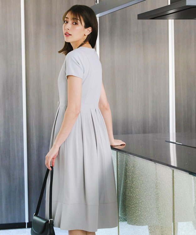 Tiaclasse 【洗える】半袖リボンギャザーフレアワンピース サックスグレー