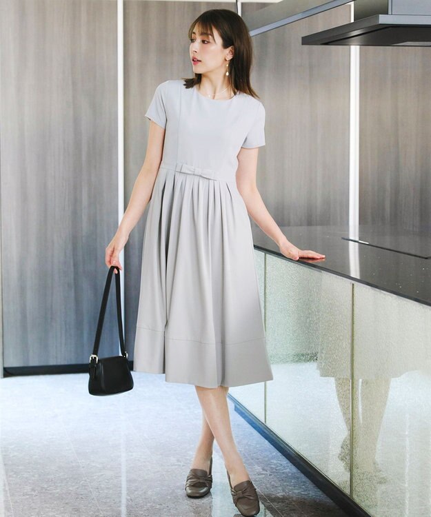 Tiaclasse 【洗える】半袖リボンギャザーフレアワンピース サックスグレー