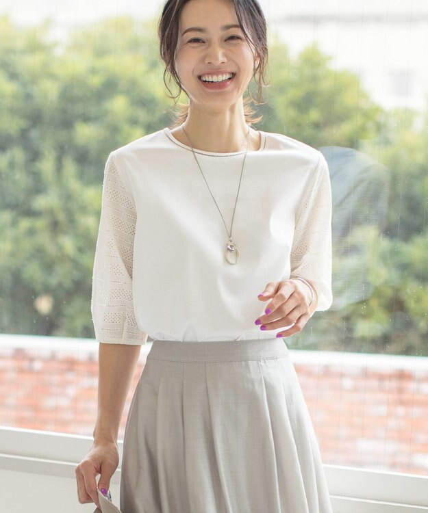 J.PRESS LADIES L 【WEB限定カラーあり】スムースジャージー 刺繍スリーブ カットソー ホワイト系