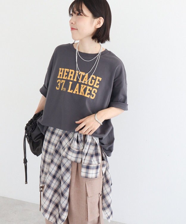 Green Parks カレッジロゴ刺繍５分袖チュニック Charcoal Gray