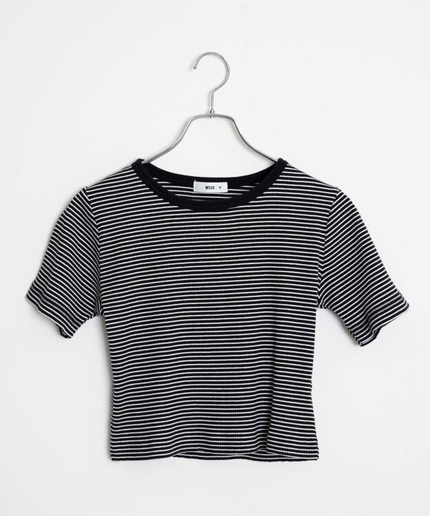 WEGO 【洗える/SML】コンパクトリブT ブラックボーダー