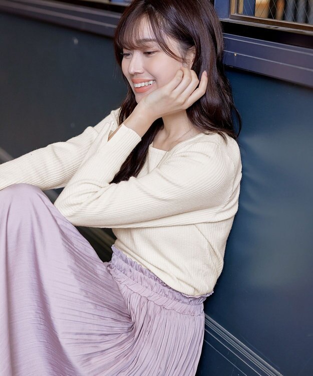 Tiaclasse 【洗える】スクエアネックリブ編みニットトップス オフホワイト