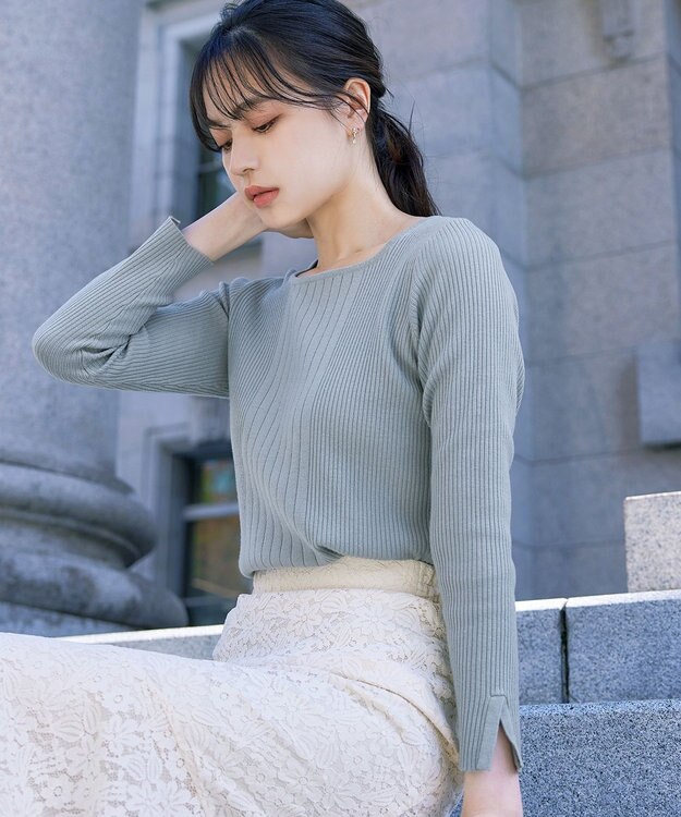 Tiaclasse 【洗える】スクエアネックリブ編みニットトップス ミント