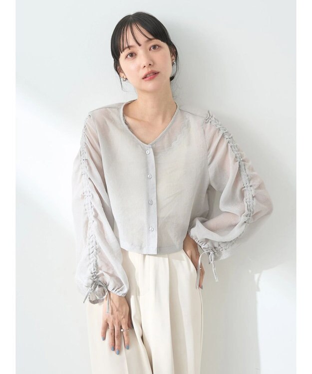 earth music&ecology キラキラシアーギャザーシャツ Light Gray