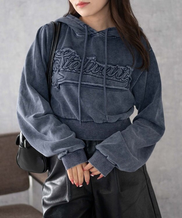 WEGO ロゴアシッドウォッシュパーカー デニム