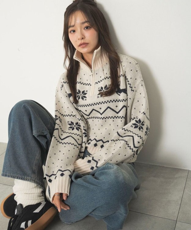 WEGO ノルディック柄ハーフジップニット ホワイトアイボリー