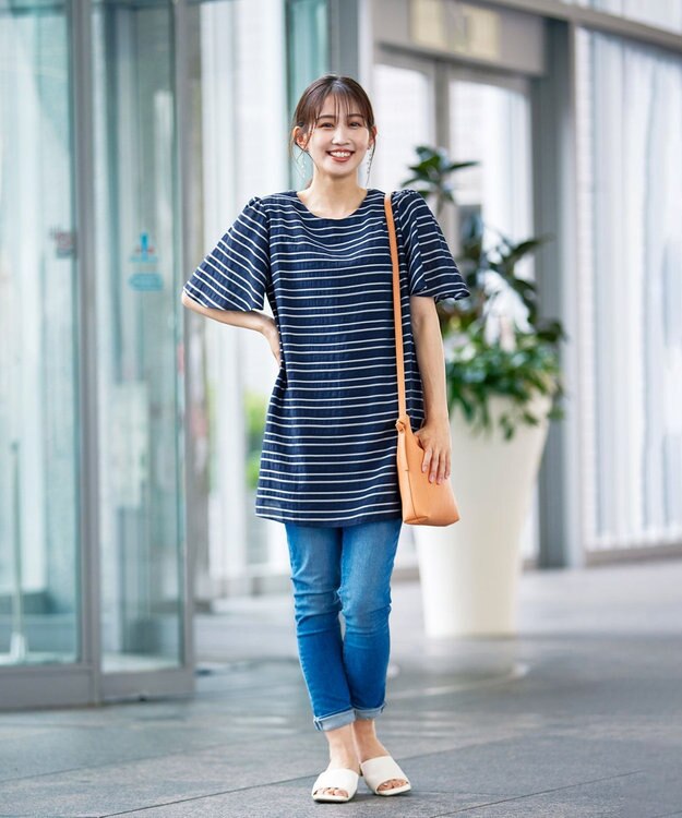 Tiaclasse 【洗える】ランダムボーダーチュニックブラウス ネイビー