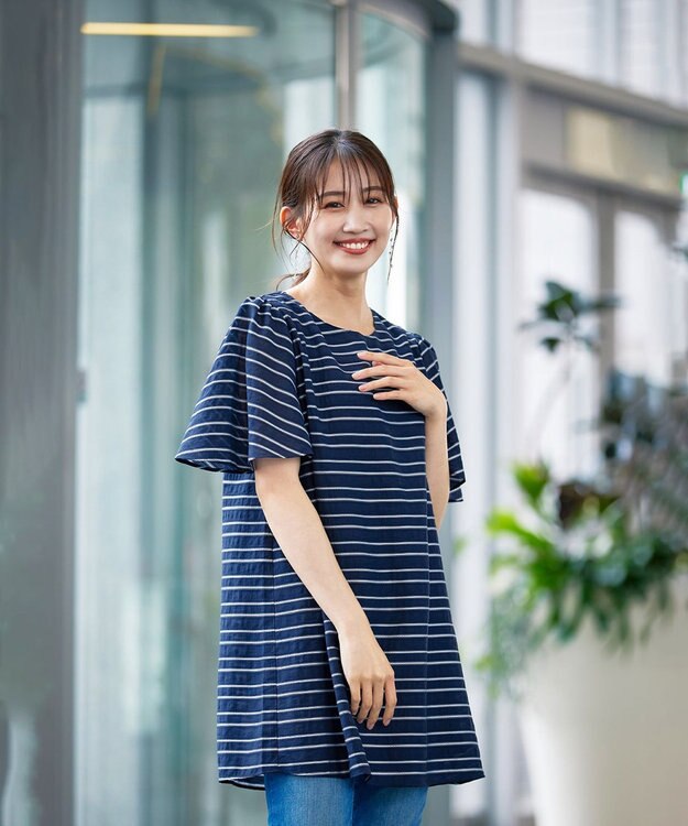 Tiaclasse 【洗える】ランダムボーダーチュニックブラウス ネイビー