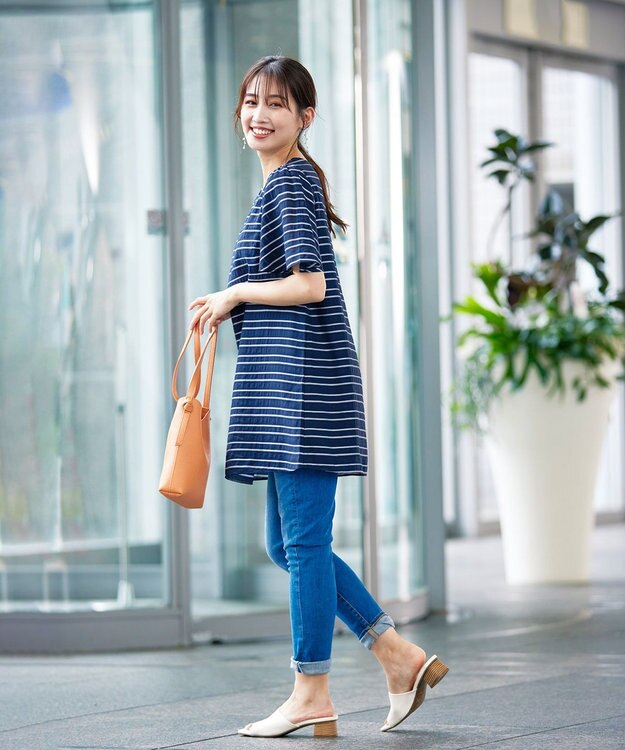 Tiaclasse 【洗える】ランダムボーダーチュニックブラウス ネイビー